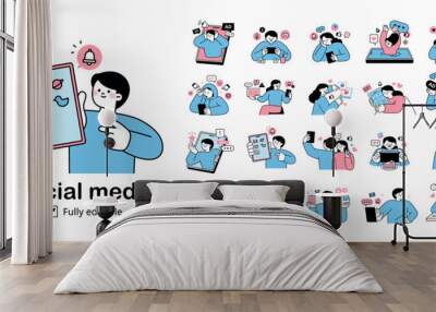 Smartphones and social media. Mega set of people using social networks. Wall mural