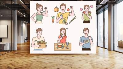 Vegetarian people with healthy vegetables fruits. flat design style minimal vector illustration. Wall mural