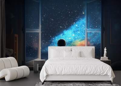 A young child is gazing out a large window that is open at midnight, providing inspiration for fantasy and dream concepts. Generative Ai. Wall mural