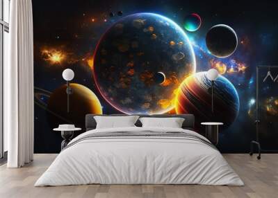 Artwork of the solar system from an other galaxy in space with planets, stars, and nebula. Generative Ai. Wall mural