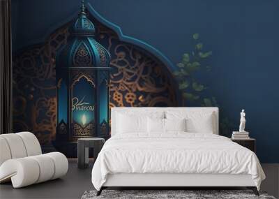 Background banner for Ramadan Kareem. Islamic greeting cards for Ramadan and Muslim holidays. moon and lantern on a blue banner. Generative Ai. Wall mural