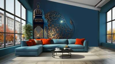 Background banner for Ramadan Kareem. Islamic greeting cards for Ramadan and Muslim holidays. moon and lantern on a blue banner. Generative Ai. Wall mural