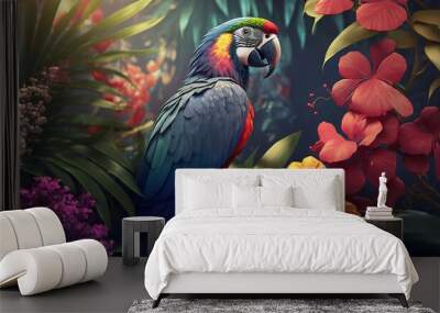 Background for tropical wallpaper including flora and birds. Excellent pc wallpaper with a stunning abstract backdrop. Generative Ai. Wall mural