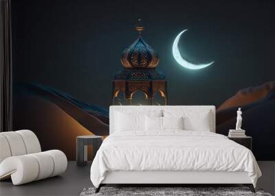 Crescent moon and black starry sky with an Arabic light on the desert at night. Islam, Ramadan Eid. Generative Ai. Wall mural