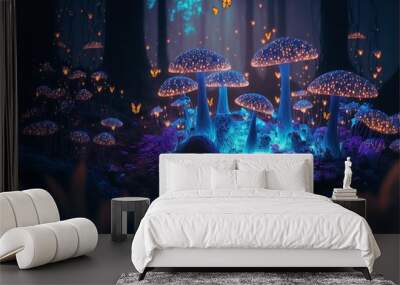 Fairy forest at night, fantasy glowing flowers and lights. Generative AI. Wall mural