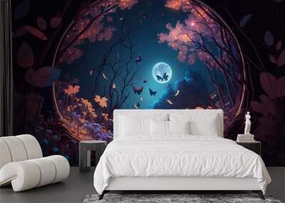 Fairy forest at night, fantasy glowing flowers and lights. Generative AI. Wall mural