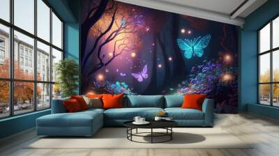 Fairy forest at night, fantasy glowing flowers and lights. Generative AI. Wall mural