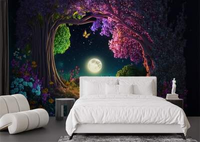 Fairy forest at night, fantasy glowing flowers and lights. Generative AI Wall mural