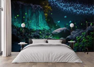 Fairy forest at night, fantasy glowing flowers and lights. Generative AI Wall mural