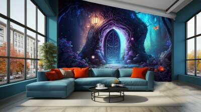 Fantasy enchanted fairy tale woodland with flying fairytale magic butterflies in the trees, magical opening hidden doors. Generative Ai. Wall mural