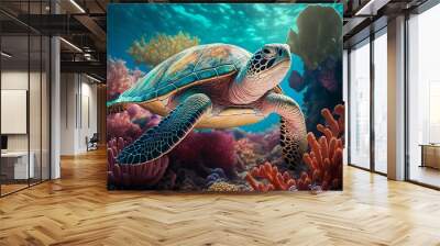 Green sea turtle swimming among colorful coral reef in beautiful clear water. Generative Ai. Wall mural