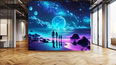 Happy family with kids walking at the beach in night. Generative Ai. Wall mural