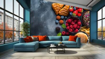 Top view of various snacks in a dark backdrop with a big copy space, Generative AI. Wall mural