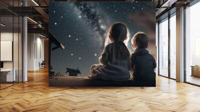 Two kids sitting in roof watching stars and moon in magical night. Generative Ai. Wall mural