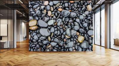 Lot of round grey wet stones on a pebble beach Wall mural