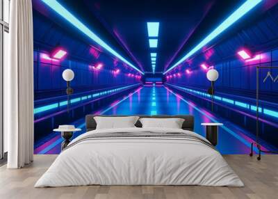 A futuristic corridor illuminated by vibrant blue and pink lights, creating a sci-fi atmosphere. Wall mural