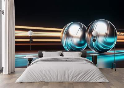 Two metallic spheres with dynamic light streaks in a futuristic setting. Wall mural