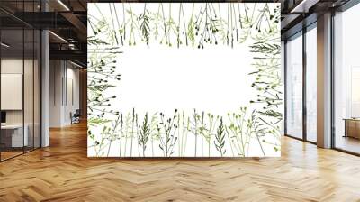 Rectangular frame with natural herbs on white background - silhouettes of wild green grass for spring and summer herbal design Wall mural