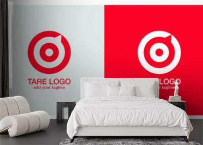 Target logo design on red, ash and grey backgournd. The logo represents Red aim, arrow, compass, speech bubble, Idea concept, perfect hit, winner, target goal icon. Corporate identity set.  Wall mural