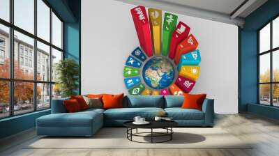 3D rendering Sustainable Development Wheel Illustration for Corporate social responsibility project. Concept design to achieve Sustainable Development for a better world. 3D Icons. 3D Illustration. Wall mural