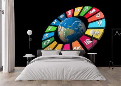 Colorful Sustainable Development Wheel over the earth on black background for Corporate social responsibility project. Concept to achieve Sustainable Development for a better world. 3D illustration. Wall mural