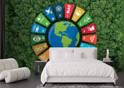 Sustainable Development Wheel Illustration 3D rendering on top of green forest. Corporate social responsibility. Sustainable Development for a better world. 3D Illustration. Wall mural