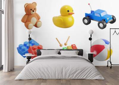 Children's toys, 3d icon set. Plush Bear, Rubber Duck, Remote-Control Car, Construction Blocks, Xylophone, Inflatable Rubber Ball. Playtime, Entertainment for kids. Objects on transparent background Wall mural