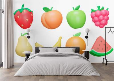 fruits and berries 3d icon set. strawberry, peach, apple, raspberry, pear, banana, orange, watermelo Wall mural