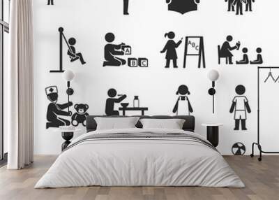 Kindergarten, elementary school, people icons set. Children learn and have fun in the educational institution. Activities for children. Vector black and white icon Wall mural