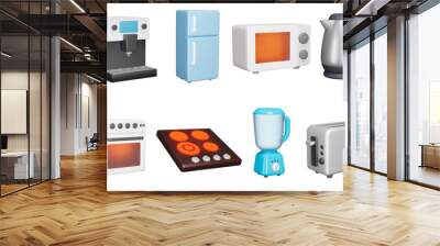 Kitchen appliances 3d icon set. Cooking. Food preparation. Domestic electronics. Fridge, microwave, kettle, oven, hob, blender, toaster. Isolated icons, objects on a transparent background Wall mural