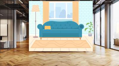 Living room interior with furniture and window. living-room. Table, shelf, sofa, floor lamp, sofa, armchair, indoor plant, Vector illustration Wall mural