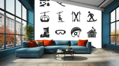 ski resort icons set. recreation in the snowy mountains, skiing and snowboarding. monochrome black a Wall mural