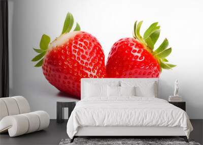 Closeup fresh ripe strawberry fruit with green leaf isolated on white background, fruit healt care concept Wall mural