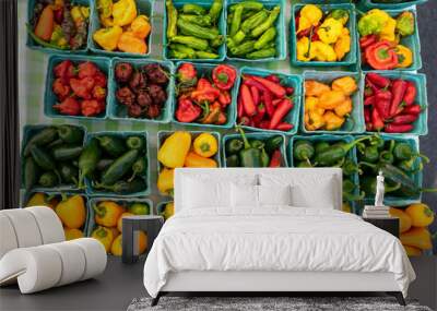 Colorful vegetable at a flea market. They are fresh and sold every weekend at local market. Tomatoes and peppers are both fruit, rich source vitamin A, C, good for skin and eyesight Wall mural