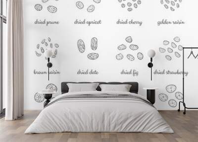 Hand drawn outline detailed dried fruits. Wall mural