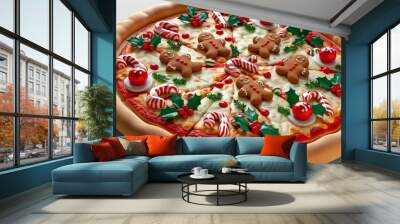 3D Festive pizza delight a unique combination of christmas treats and traditional flavors with gingerbread cookies candy canes and holly decor for a cheerful holiday feast experience Wall mural