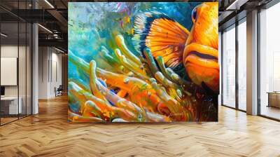 A close-up of an orange fish with white stripes swimming in a coral reef. Wall mural