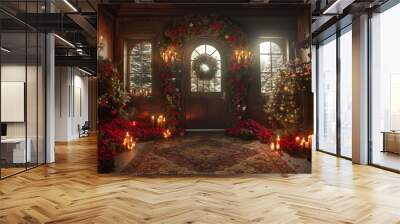 A cozy and festive entryway decorated for Christmas with a Christmas tree, candles, and garland. Wall mural