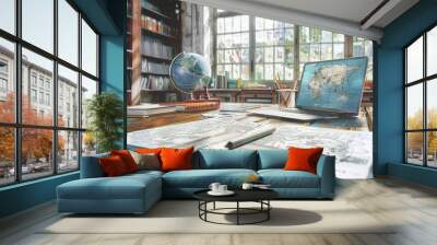 A cozy study featuring a globe, laptop, and maps, illuminated by natural light, perfect for educational or travel themes. Wall mural