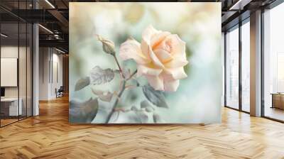 A delicate, light pink rose blooms in soft, dreamy light, surrounded by green leaves and a blurred background. Wall mural