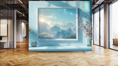 A framed landscape painting of mountains and a sunrise hangs on a blue wall. Two vases with flowers sit on a shelf. Sunlight streams through a window. Wall mural