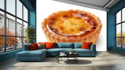 A freshly baked, golden brown custard tart with a flaky crust, isolated on a white background. Wall mural