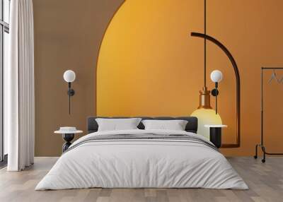 A single light bulb hangs from a minimalist black metal fixture against a warm peach-colored wall. Wall mural