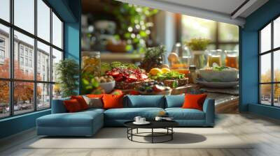 A table filled with fresh fruits, vegetables, and drinks, ready for a healthy meal. Sunlight streams through a window, casting a warm glow. Wall mural