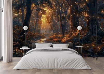 A tranquil forest scene at sunset with shimmering light, a gentle stream, and glowing elements creating a magical atmosphere. Wall mural