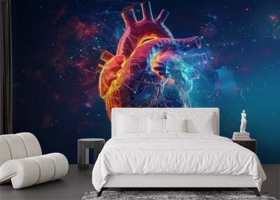 A vibrant and detailed illustration of a human heart, showcasing its intricate structures and anatomical beauty in vivid colors. Wall mural