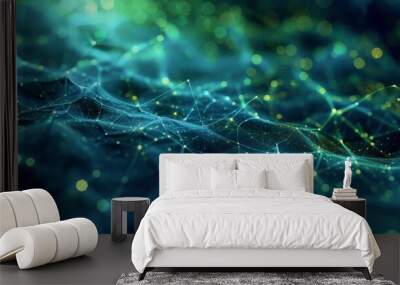 Abstract network design with glowing lines and dots in green and blue hues, creating a futuristic and digital feel. Wall mural