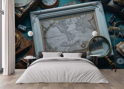 An antique world map framed on a wooden table surrounded by vintage nautical instruments and a magnifying glass. Wall mural