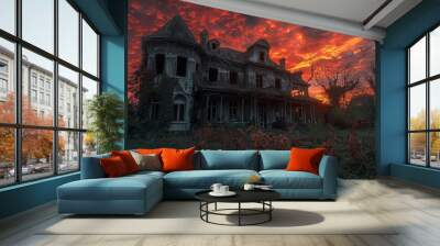 An eerie abandoned house under a dramatic sunset sky, exuding mystery and haunting beauty. Wall mural