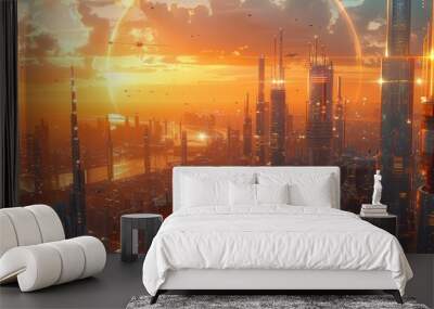 Futuristic city skyline at sunset, showcasing advanced architecture and vibrant light, capturing the essence of modern urban living. Wall mural